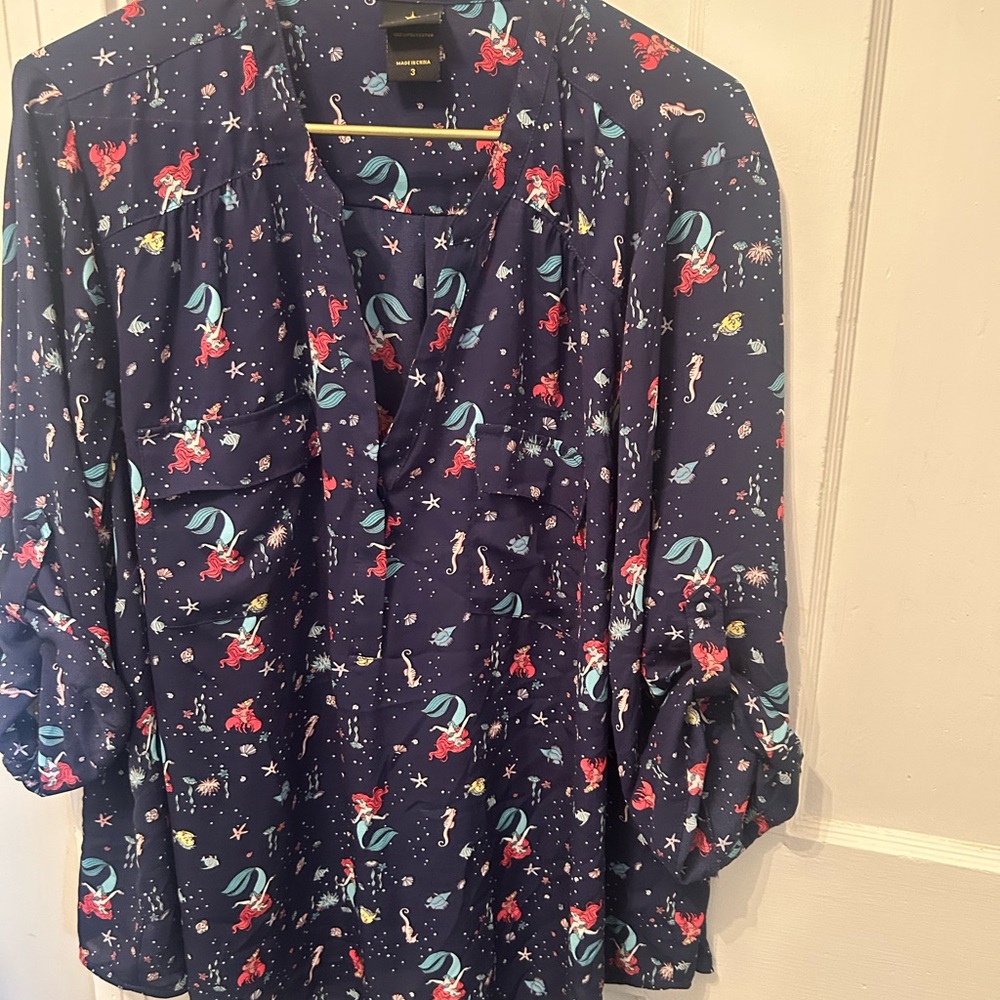 Disney The Little Mermaid Harper Blouse Georgette Ariel & Flounder Navy 3X